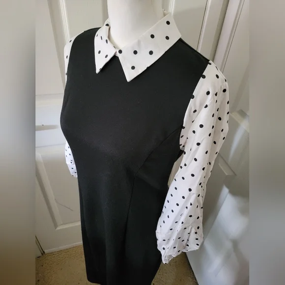 New York & Co | Black/White Polka Dot Puff Sleeve Midi Sheath Dress (SIZE M) - Picture 7 of 13